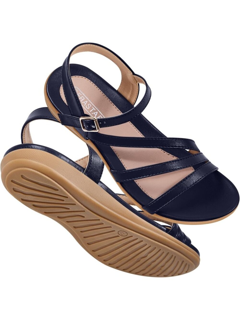 🆕Women's Navy Blue Flat Sandals Dressy Comfortable Summer Strappy Dress Shoes